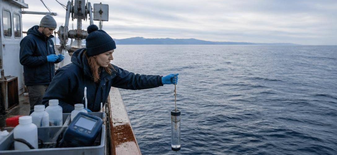 Ricercatori a bordo di una nave scientifica raccolgono campioni di acqua marina