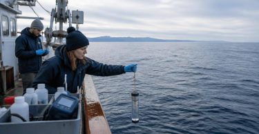 Ricercatori a bordo di una nave scientifica raccolgono campioni di acqua marina