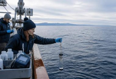 Ricercatori a bordo di una nave scientifica raccolgono campioni di acqua marina
