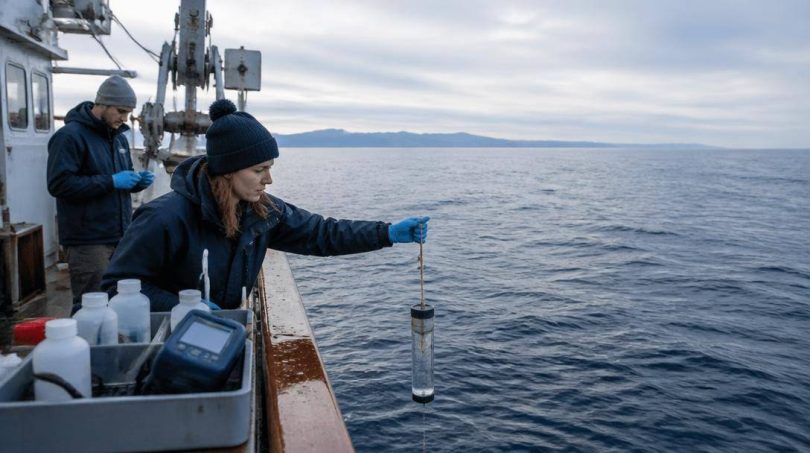 Ricercatori a bordo di una nave scientifica raccolgono campioni di acqua marina