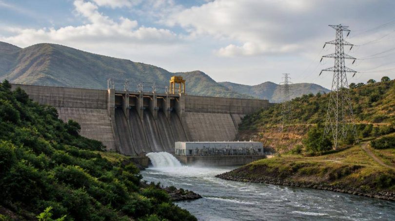 Infrastrutture idroelettriche e linee elettriche in un paesaggio montuoso africano