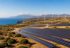 Pannelli solari e turbine eoliche in un paesaggio mediterraneo.