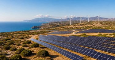 Pannelli solari e turbine eoliche in un paesaggio mediterraneo.