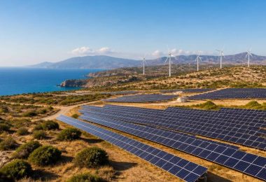 Pannelli solari e turbine eoliche in un paesaggio mediterraneo.
