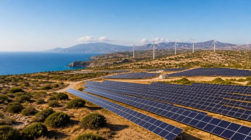 Pannelli solari e turbine eoliche in un paesaggio mediterraneo.