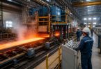 Operai controllano impianti e apparecchiature di una fabbrica industriale