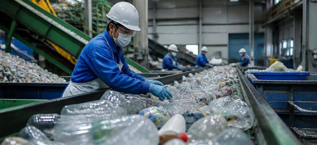 Imballaggi di plastica vengono selezionati lungo un nastro di un impianto di riciclo.