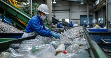 Imballaggi di plastica vengono selezionati lungo un nastro di un impianto di riciclo.