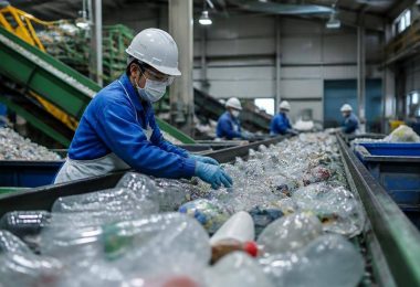 Imballaggi di plastica vengono selezionati lungo un nastro di un impianto di riciclo.