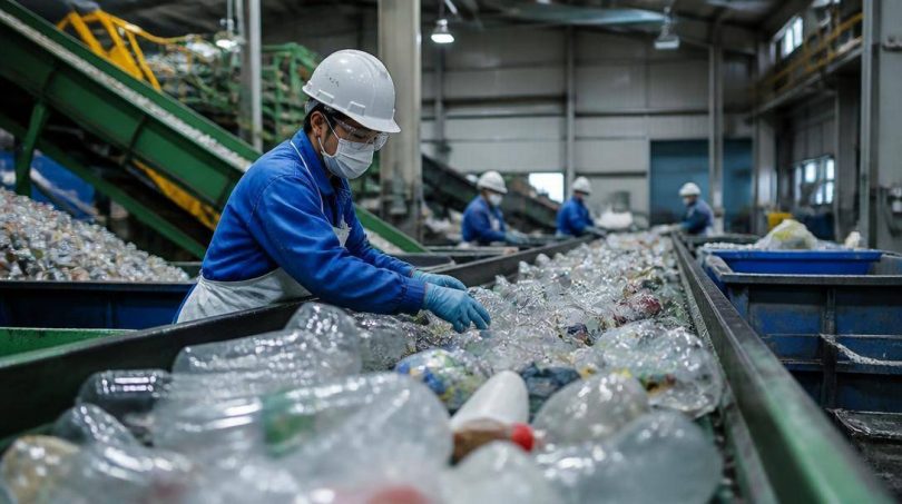 Imballaggi di plastica vengono selezionati lungo un nastro di un impianto di riciclo.
