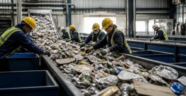Imballaggi di plastica e cartone selezionati in un impianto di riciclo