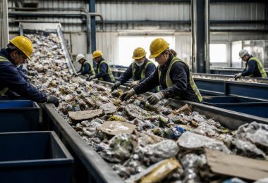 Imballaggi di plastica e cartone selezionati in un impianto di riciclo