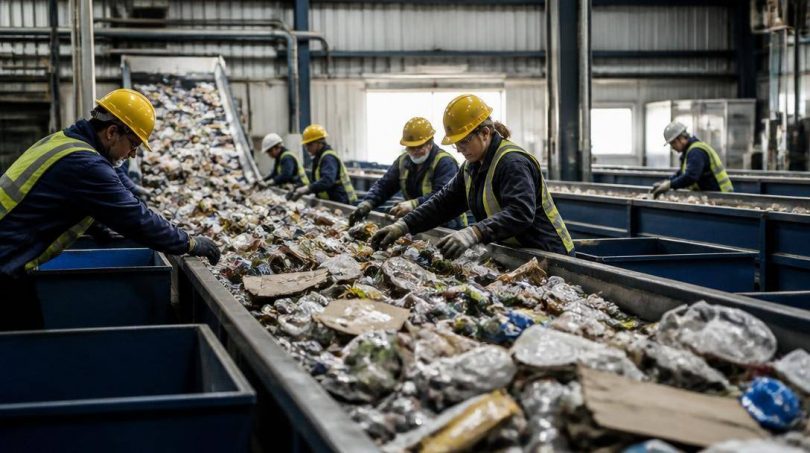 Imballaggi di plastica e cartone selezionati in un impianto di riciclo