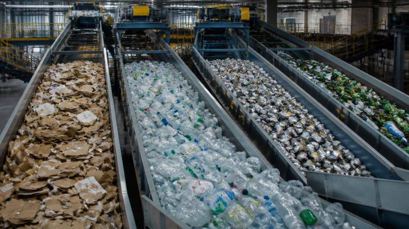 Operatori lavorano in un impianto di selezione dei materiali destinati al recupero.