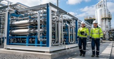 Tecnici controllano un impianto sperimentale per la produzione di idrogeno.